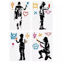 Buy 4PCS Banksy Man With Doodel In Hat Painting Stencils 8.3x11.7inch Reusable Ma... • 11.95£