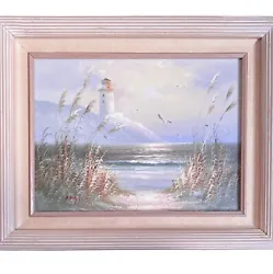 Buy Beach Seagulls Lighthouse Ocean Painting 21” Vtg 80s Post Modern Reed Frame • 66.48£