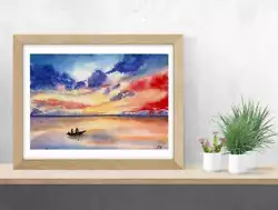 Buy Sunset Over Lake | Original Painted | Watercolour Painting | Landscape | Signed • 25£