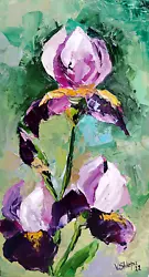 Buy Original Purple Iris Flower Oil Painting On Fiberboard Impressionism Art 7.5x13  • 59.84£
