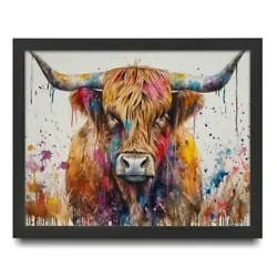 Buy Watercolour Splash Art Highland Cow Wall Art Colourful Cow Print Framed Picture • 8.99£