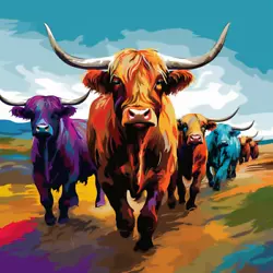 Buy Highland Cow Herd Colourful Oil Art Luxury Canvas Wall Picture Print Colourful • 119.99£