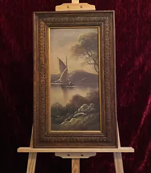 Buy Antique Oil Painting Boat On The Lake Art In Thick Oak Frame 1800s • 119.99£