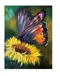 Buy Amazing Butterfly And Sunflower  Original Oil Painting  Wall Art 15 By 12 Inches • 85£