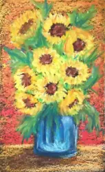 Buy Sunflowers In A Vase In Oil Pastel, Bouquet Original Artwork.No Frame. 9x5 In • 12.40£