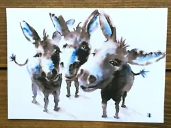 Buy ACEO Watercolor Print Cute Funny Three Donkeys Farm Animals Fine Art Painting • 3.50£