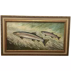 Buy Large Traditional Oil Painting 2 Salmon Fish Leaping Upstream River • 3,000£