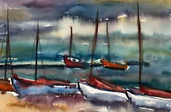 Buy Indistinctly Signed Original Contemporary Watercolour Painting Beach Boats Scene • 17£