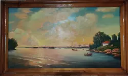 Buy Ukraine Painting 90s 1997 River Boat Sky Tree House MONEY FOR UKRAINIAN MILITARY • 7,874.16£
