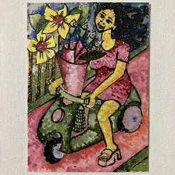 Buy ACEO ORIGINAL PAINTING Mini Collectible Art Card Bike Flowers Delivery Girl Ooak • 8.29£