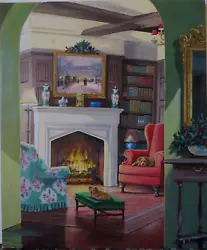 Buy James Maddocks Orig Painting~CHRISTMAS IN JULY~Fireplace,Dogs~Cape Cod Artist~GC • 132.71£