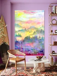 Buy Huge Paining Mountains Colorful Rainbow Neon Green Yellow Purple Pink Anya Art • 2,249.67£