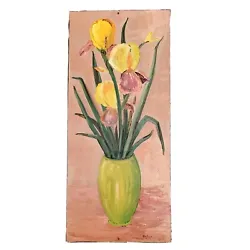 Buy 1960’s Oil Painting Yellow Iris Bright Green Vase Pink Texture Bkgd Gailier '66 • 40.56£