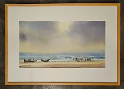 Buy Large Framed Signed Original Watercolour Coastal Scene - Boats & People On Beach • 129.99£