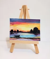 Buy ORIGINAL ACEO SEASCAPE MINI WATERCOLOUR PAINTING, Miniature Art, Sunset Sky,Boat • 10£