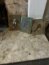 Buy 3 Bird Paintings On Up Cycled Wood • 10£