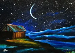 Buy  Dream Cabin  ACEO Original Acrylic Painting Vintage Nightscape Art Signed ATC • 14.93£