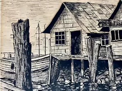 Buy 1945 Pen Ink Drawing Old Dock House Boat Vintage Mid-Century Fishing Shack Wood • 68.22£