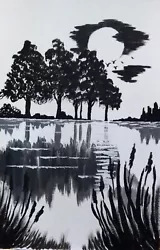 Buy Original Art Acrylik Painting On Hardboard Black And White Landscape Trees Water • 16.95£