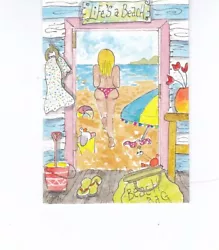 Buy ACEO Original Watercolor Painting Beach Hut Seagull Crab Seaside Bucket Beachbag • 6.99£