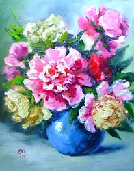 Buy Peonies In Vase Flowers Original Oil Painting Wall Art Canvas Board 11x14 Inches • 55£