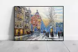Buy Old Busy Snowy Vintage City Street On A Cold Winters Day Classic Oil Painting • 6.43£