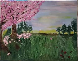 Buy Impasto Acrylic Painting Pink Cherry Blossoms & Green Scenery Of Trees &  Sunset • 28.93£