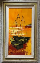 Buy Vintage 70s Nautical Boats Oil Painting Vanguard Modern Art Wall Hanging Vivian • 278.77£