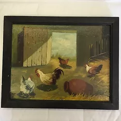 Buy Possibly Antique 19th Century Style Barn Scene Chickens Oil On Canvas Signed • 199£