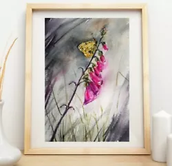 Buy A4  Original  Watercolour Animal Painting, Butterfly And Foxgloves  • 15£