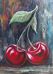 Buy Sweet Red Cherry Original Oil Painting, Minimalistic Still Life Masterpiece Art • 39.31£