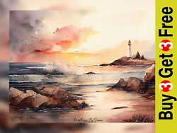 Buy Seascape Lighthouse Watercolor Painting Print 5 X7  On Matte Paper • 4.49£