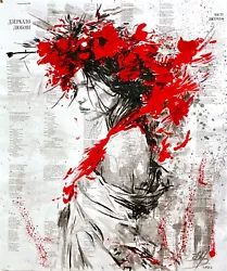 Buy Hand Painted - Girl In Flowers On The Glued Pages Of Book Size 91 X 77 Cm • 99.99£