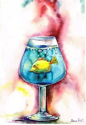 Buy Yellow Fish In Blue Cocktail Glass, Original Watercolour Painting NOT A Print • 49.99£