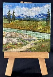 Buy Original Mini Acrylic Painting Mountain & River Scene With Easel 3x3” • 12.40£