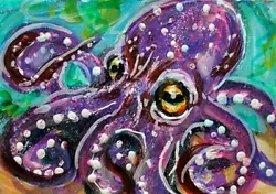 Buy ORIGINAL ACEO Painting Purple OCTOPUS Sea Ocean Squid Fish Marine 8 Legs ATC ART • 12.60£