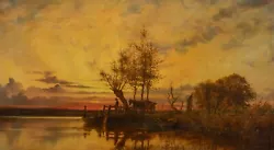 Buy Large 19th Century Norfolk Sunset River Ferry Crossing Landscape MILLER MARSHALL • 4,900£