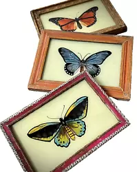 Buy Indian Reverse Glass Painting X 3 Indian Butterflies Art Deco Period Frames • 70£