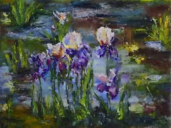 Buy Original Oil Painting Iris Garden Flowers Floral Artwork Impressionism 12x16 In • 291.92£