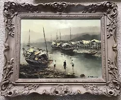 Buy Mid C20th Framed Indistinctly Signed Oil On Canvas Paddling With Junks On Beach • 46£