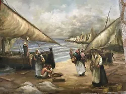 Buy Antique Original Oil Painting Signed S Rishs Boat Ships 1900 Villagers Fishermen • 119.90£