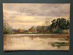 Buy Antique Lakeside Farm Scene Unframed Watercolour Painting. • 7.99£