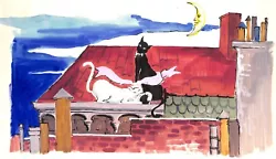 Buy Lanvin Paris Black & White Felines Perched On Rooftop C1950s Watercolor Artwork  • 1,417.49£