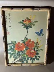 Buy Vintage Chinese Silk Painting Of Flowers And Butterfly In Wood Frame. • 16£