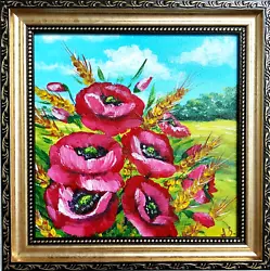 Buy Poppy Painting Wheat Field Hand Painted Red Poppies Landscape Floral Gold Framed • 47.13£