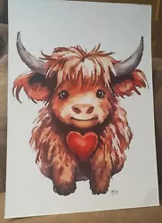 Buy Original Watercolour Painting  Highland Cow Calf Signed  • 15.95£