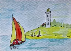 Buy Original Watercolour ACEO Of Lighthouse. Pen And Wash Sail Boat And Lighthouse. • 3£
