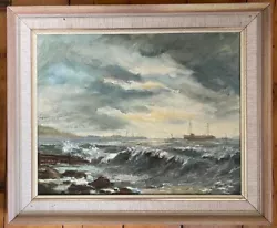 Buy Vintage Framed Signed Boat Stormy Rough Waves Coast Seascape Canvas Oil Painting • 85£