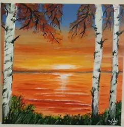 Buy Original On Canvas Sunset Birch E Painting, Hand Painted Boat On 20x20 Cm Canvas • 15.77£