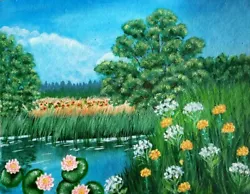 Buy Landscape With Water Lily Ponds, Green. OriginAcrylic Painting Acrylic Art 11x8 • 45.48£